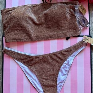 Victoria's Secret Pink Women's Shimmer Fabric Bikini Set Swimsuit In Brown M NWT